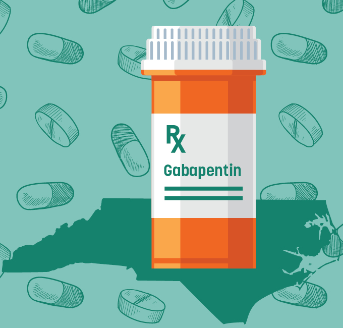 Illustration of a bottle of gabapentin over the state of North Carolina and pills in the background