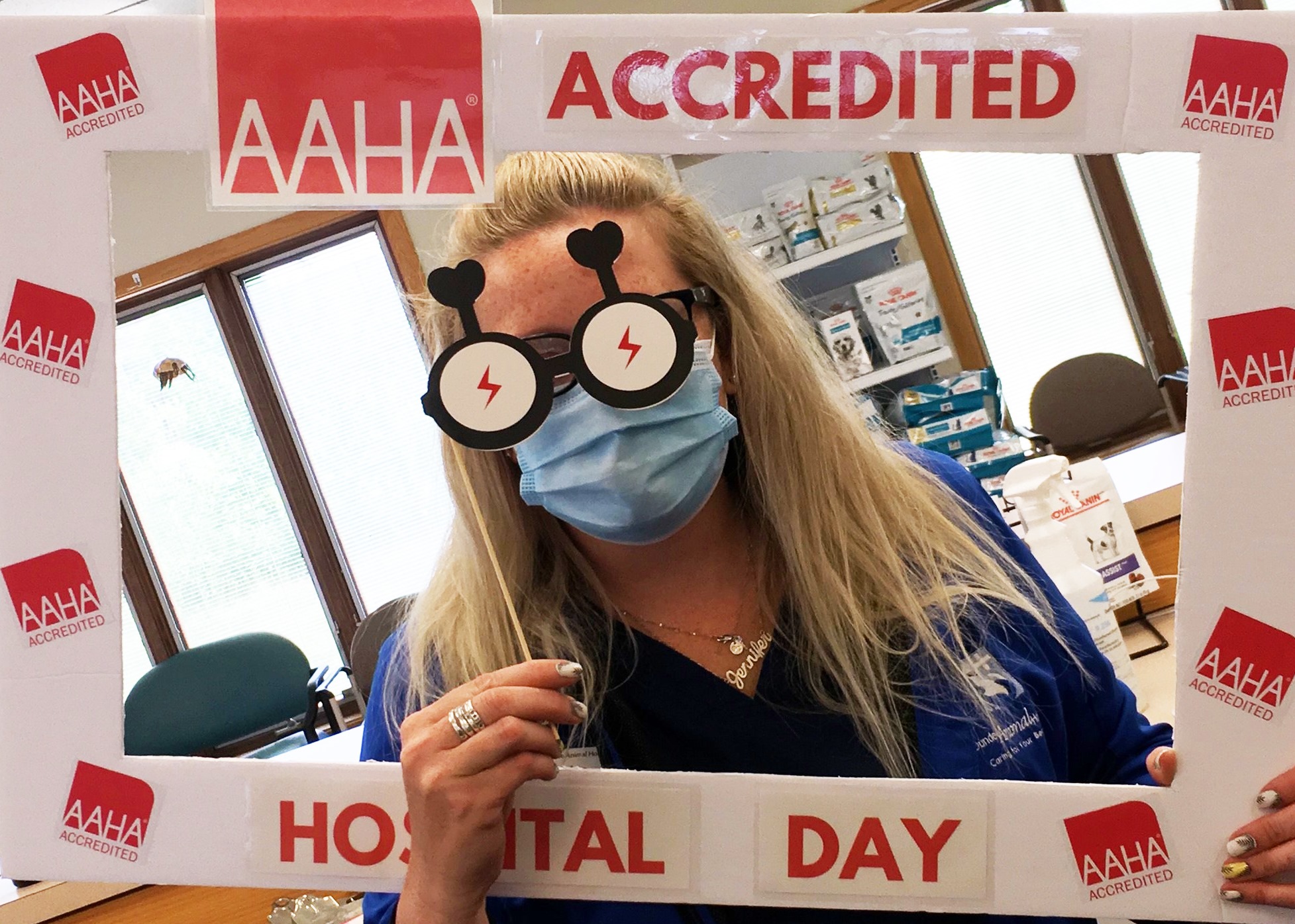A team member gets festive in a selfie frame at Dundee Animal Hospital in Illinois.