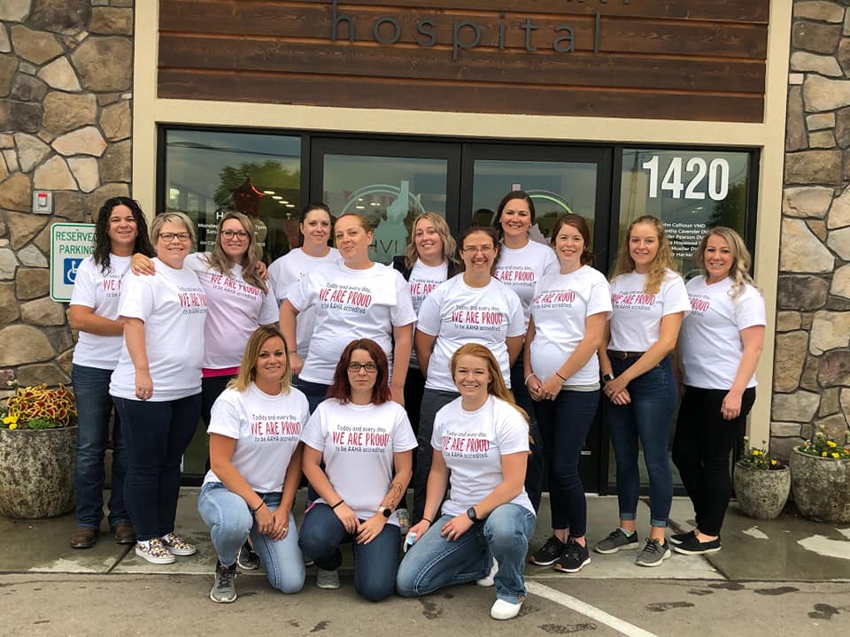 Team members from Idaho Veterinary Hospital model white “AAHA Proud” t-shirts.