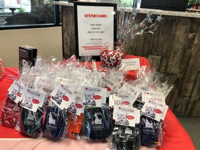 Individually wrapped gift bags at Idaho Veterinary Hospital with a note about AAHA accreditation.
