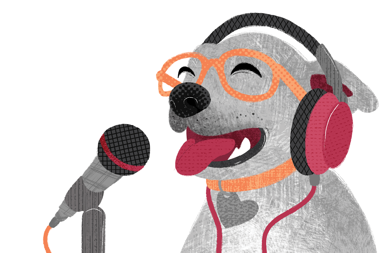 Illustration of dog with headphones on talking into a microphone
