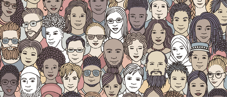 Group of diverse people with certain people in black and white