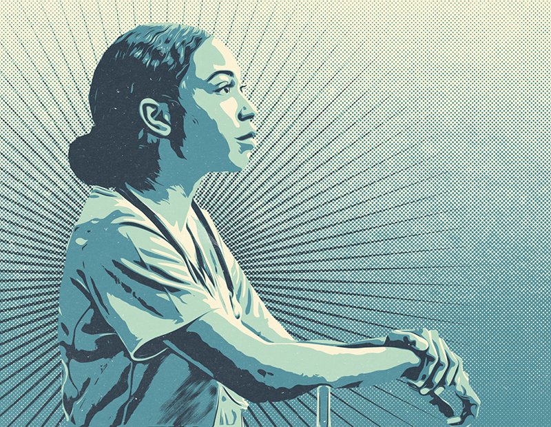 Screenprint illustration style of sad veterinary assistant with sunburst in background, showing team members who need to feel empowered.
