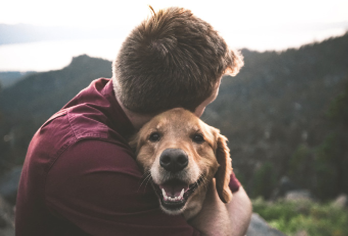 A pet owner hugging his senior pet.