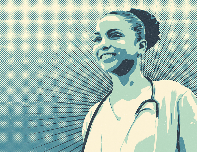 Screenprint illustration style of veterinary technician with sunburst in background to illustrate an empowered team member.