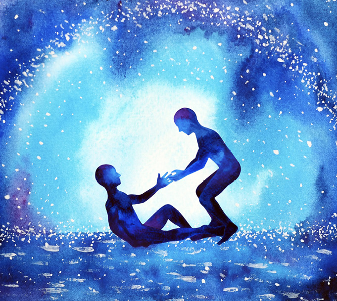 Painting of a resilient figure helping another