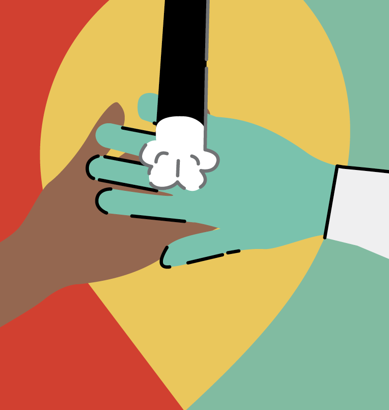 Illustration of 3 hands coming together to manage allergic skin disease: the client, the veterinarian, and the cat