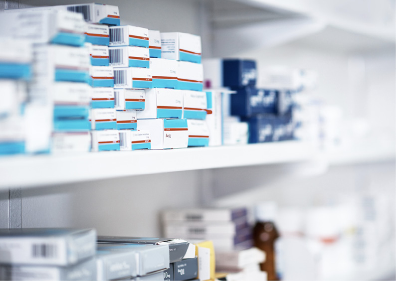Stocked shelves of medicine