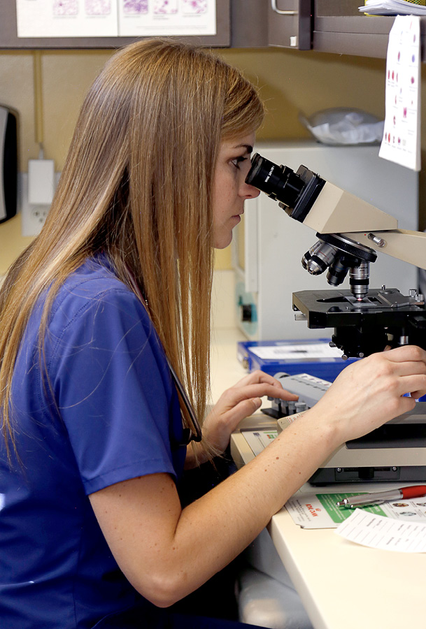 Technician reading cytology