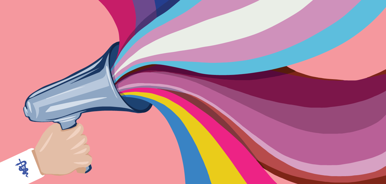 Veterinary industry holding a megaphone with rainbows coming out of it