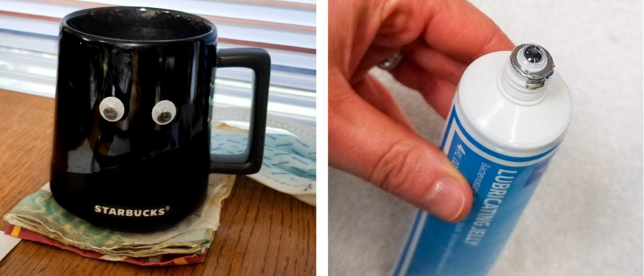 Coffee cup and an uncapped, un-opened tube of lubricant with googly eyes on them