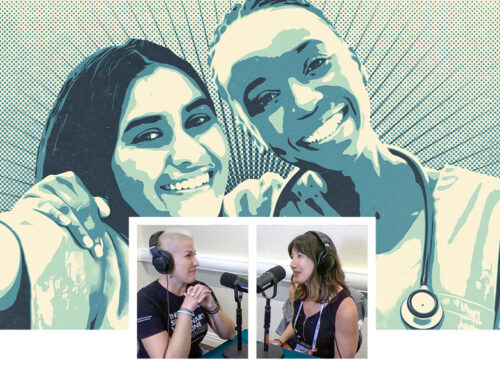 Photos of Katie Berlin, DVM, and Alyssa Mages, BS, CVT, duing podcast recording with an illustrated image of empowered, happy veterinary team workers behind them.