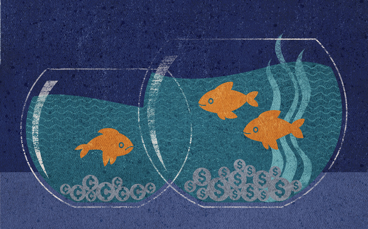 Illustration of two fish bowls: one small bowl with a sad fish and 1 big bowl with 2 happy fish.