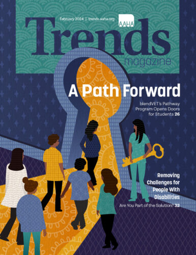 Cover of February 2024 Trends—Illustration of students walking through an open, keyhole-shaped door