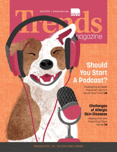 Cover of April 2024 Trends—Illustration of a dog doing a podcast