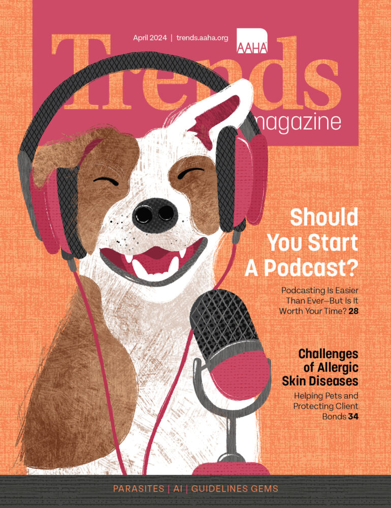 Cover of April 2024 Trends—Illustration of a dog doing a podcast
