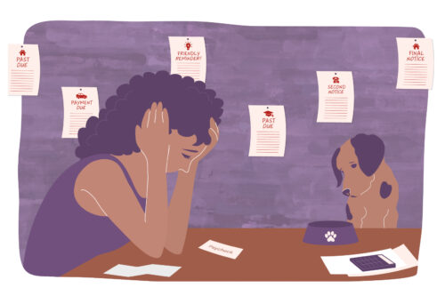 Illustration of a stressed woman at a table looking at her small paycheck. Her dog is next to her staring at his empty food bowl. Multiple 