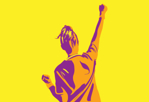 Illustration of a nurse celebrating an epic win with her arm in the air.