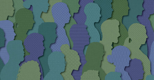 Paper cut-outs of side-profiled, silhouettes of people.