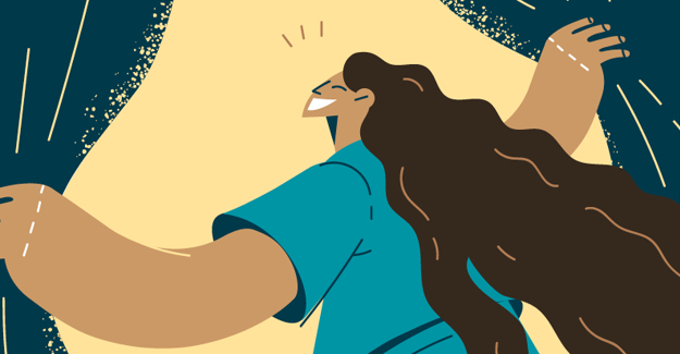 Illustration of a team leader opening curtains and stepping into a bright area.