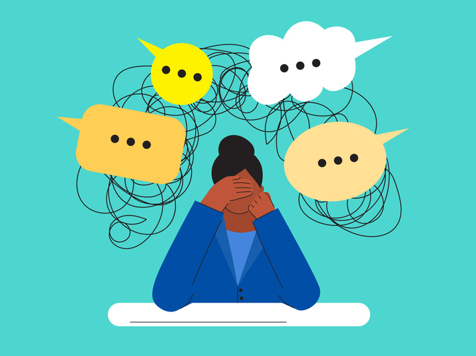 Illustration of a person, head in hands, with lots of thought bubbles and dark scribble clouds around their head