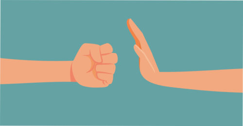 Illustration of a hand held up to stop a fist, indicating stopping violence