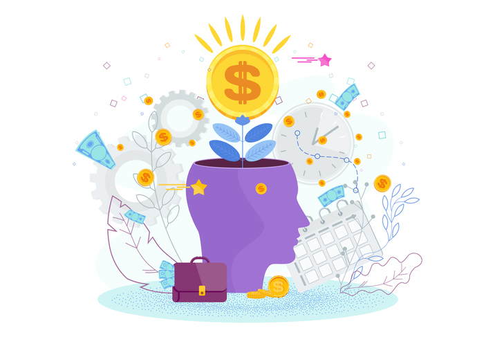 illustration of a person's head as a flower pot with ideas about finance scattered around.