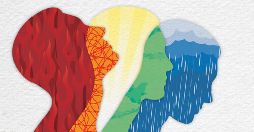Illustration of 3 silhouettes that representing the different states of wellbeing and a range of emotions from anger to happiness to sadness.