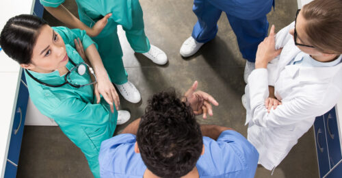 Top-down photo of a veterinary team having a team meeting. Teamwork is vital to disease management.