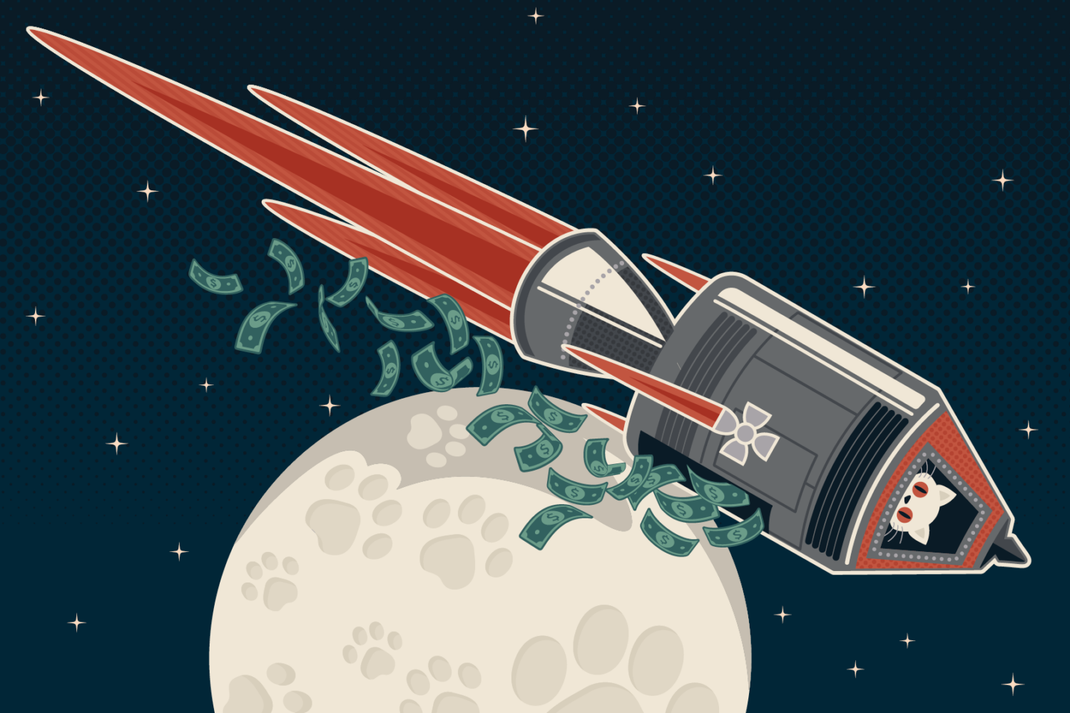 Illustration of a cat in a rocket that is venting money to show why fair compensation is critical.