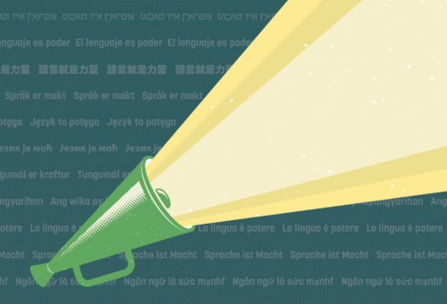 Illustration of a bullhorn with light coming out of it. In the background are sentences that say 