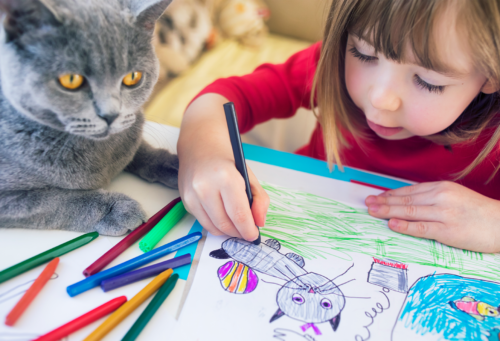 a picture of a young girl drawing her cat