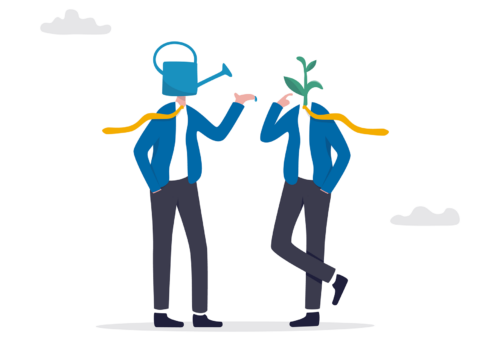 illistration of two people one with watering can head and the other as a growing plant head