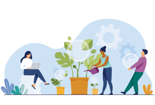 illustration of people sitting on and carrying large coins, someone watering a plant and coins coming out of it