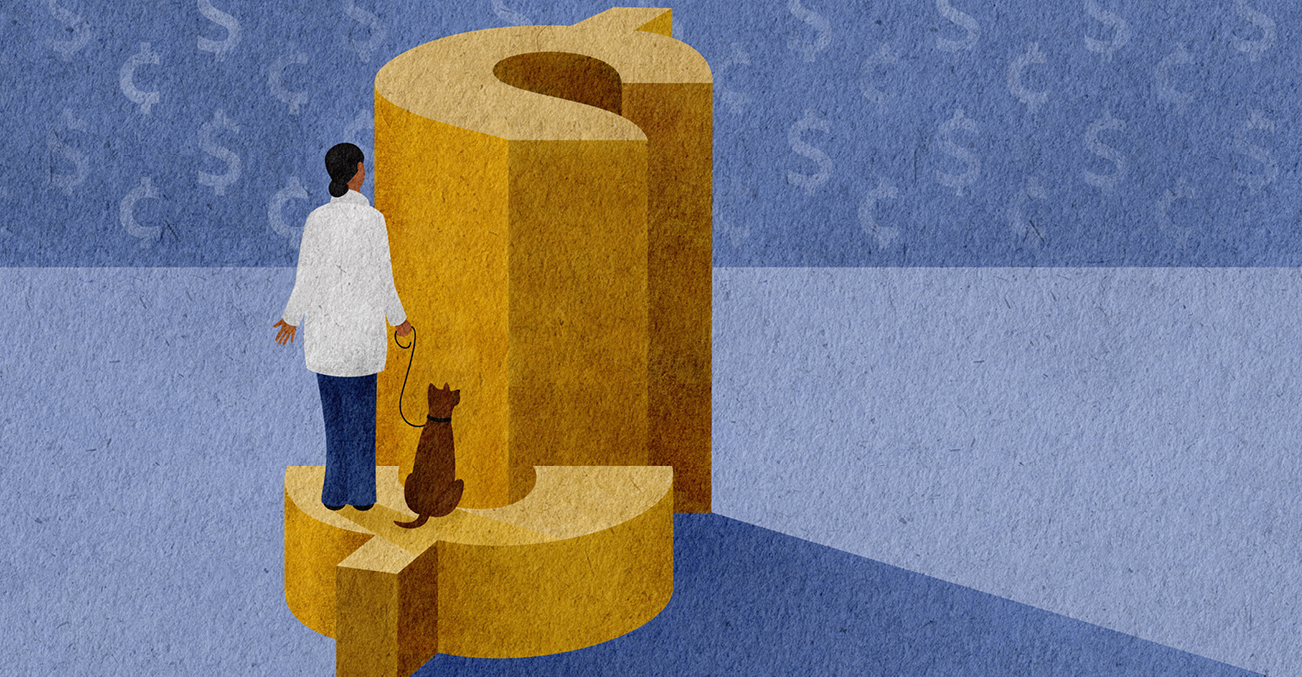 Illustration of a dollar sign cut in half and woman with a dog standing on the lower side.
