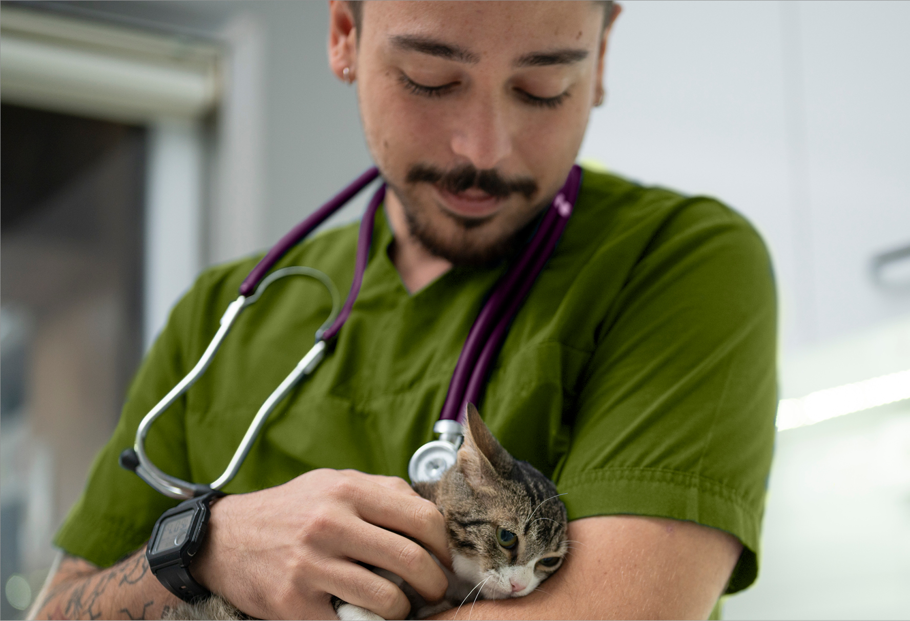 A technician cuddles a sad-looking cat