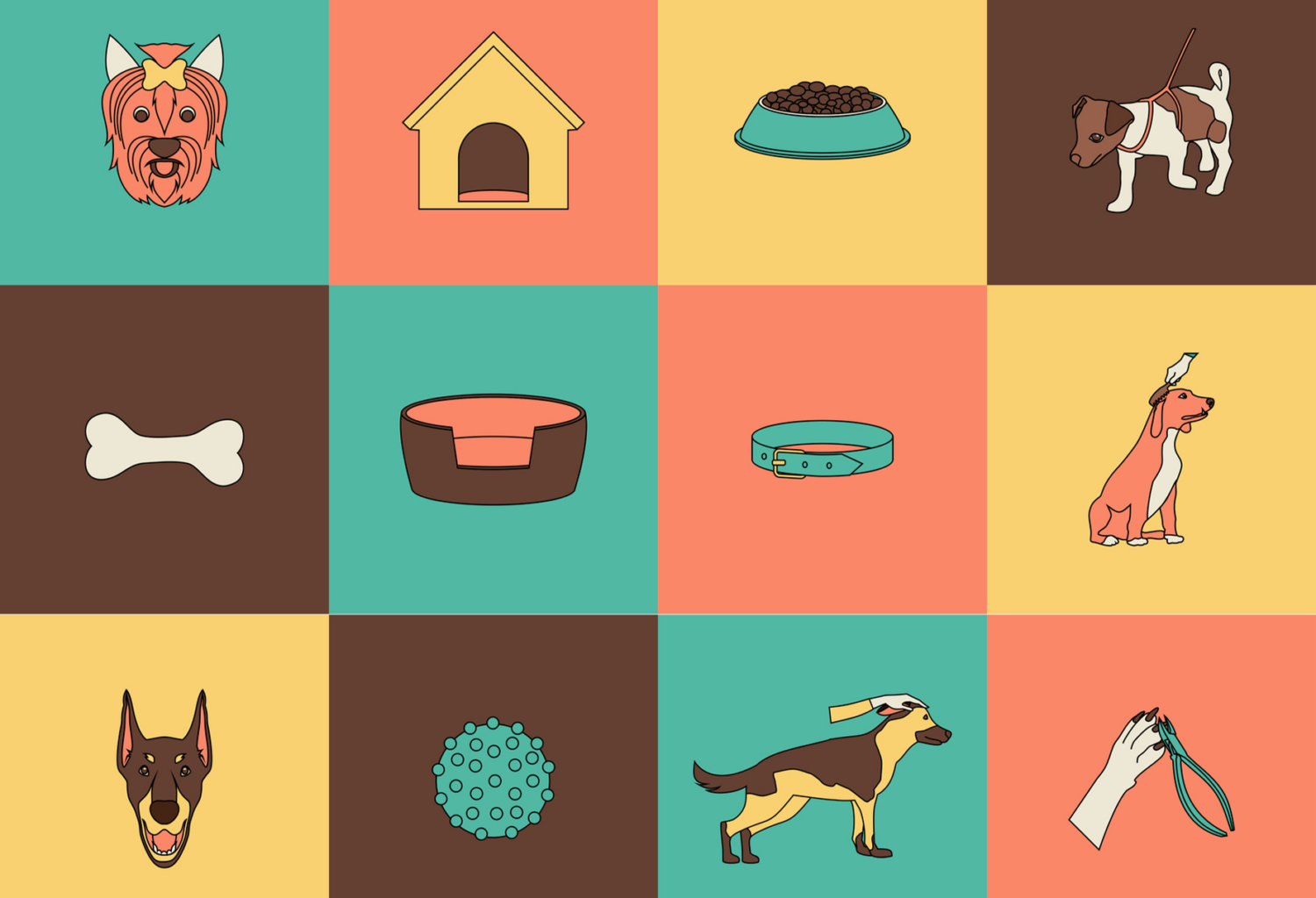 illustration of dogs, dog accessories, and other dog related things in colored squares