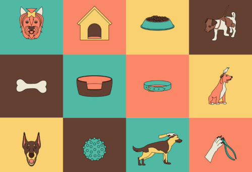 illustration of dogs, dog accessories, and other dog related things in colored squares