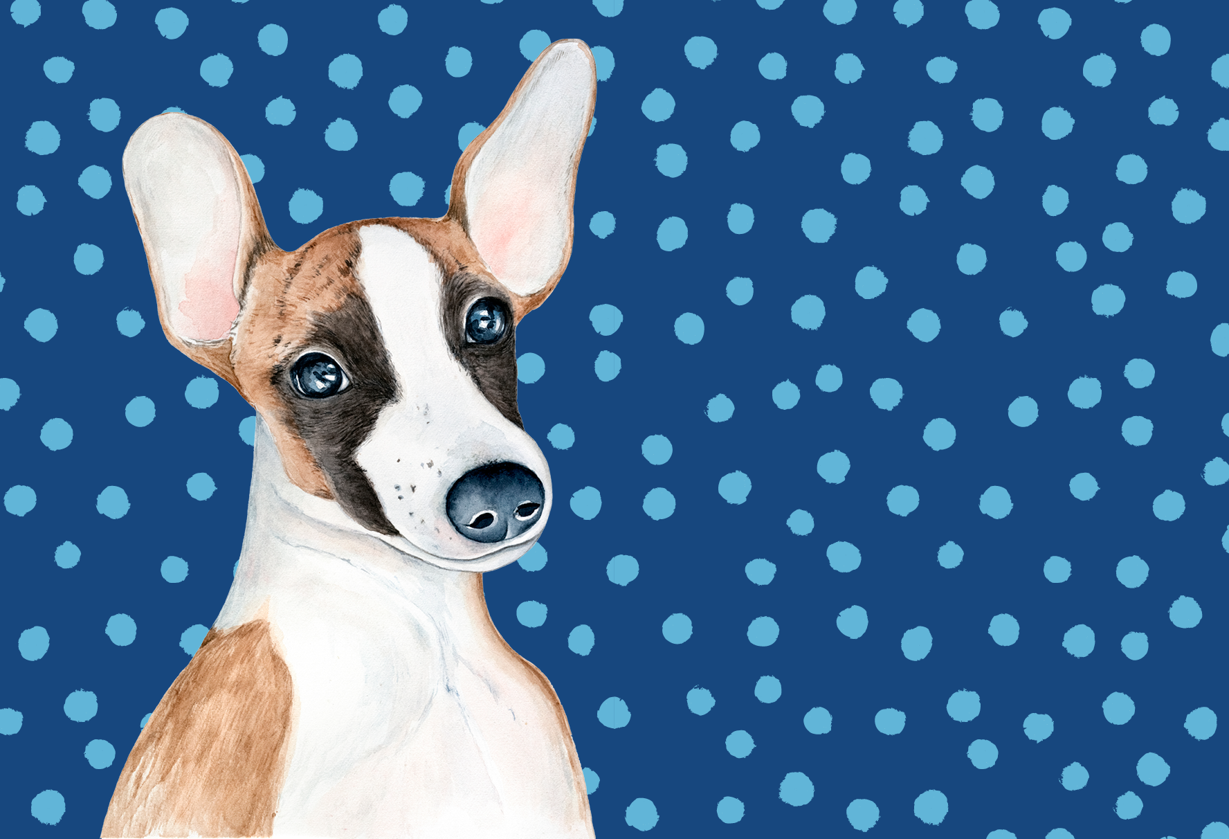 Drawing of a dog with her ears standing up with a polka-dot background