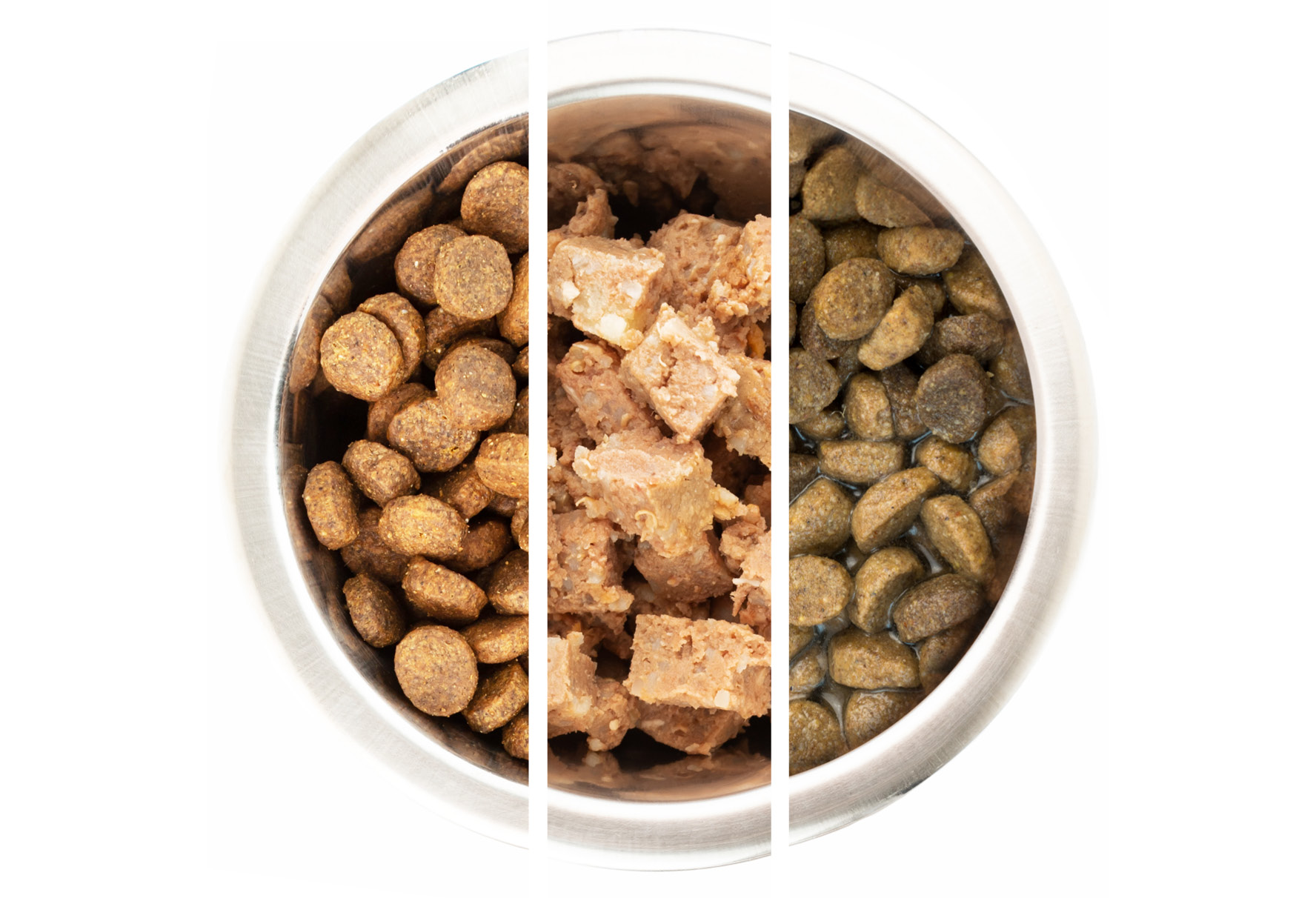 A composite photo of 3 sections of dog food bowls coming together to create 1 food bowl. In each section are different types of food: Dry kibble, soft canned food, and kibble that has been soaked in water.
