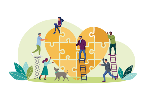 illustration of several team members putting a heart puzzle together