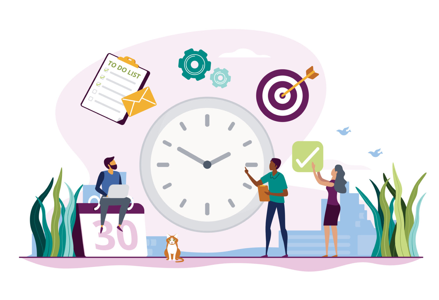 illustration of people looking at a clock and calendar