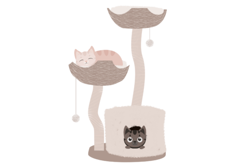 An illustration showing two cats in an eco-consciously designed cat tree.