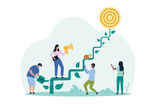 Mentoring concept - people caring for and climbing a vine toward the sun