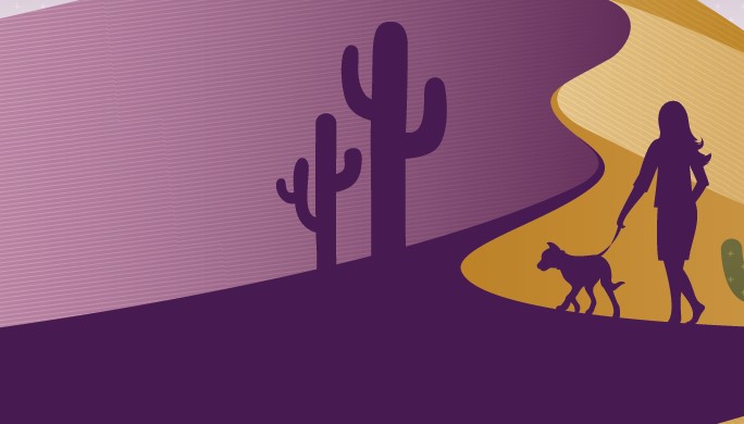 illustration of a person walking a dog in a desertscape