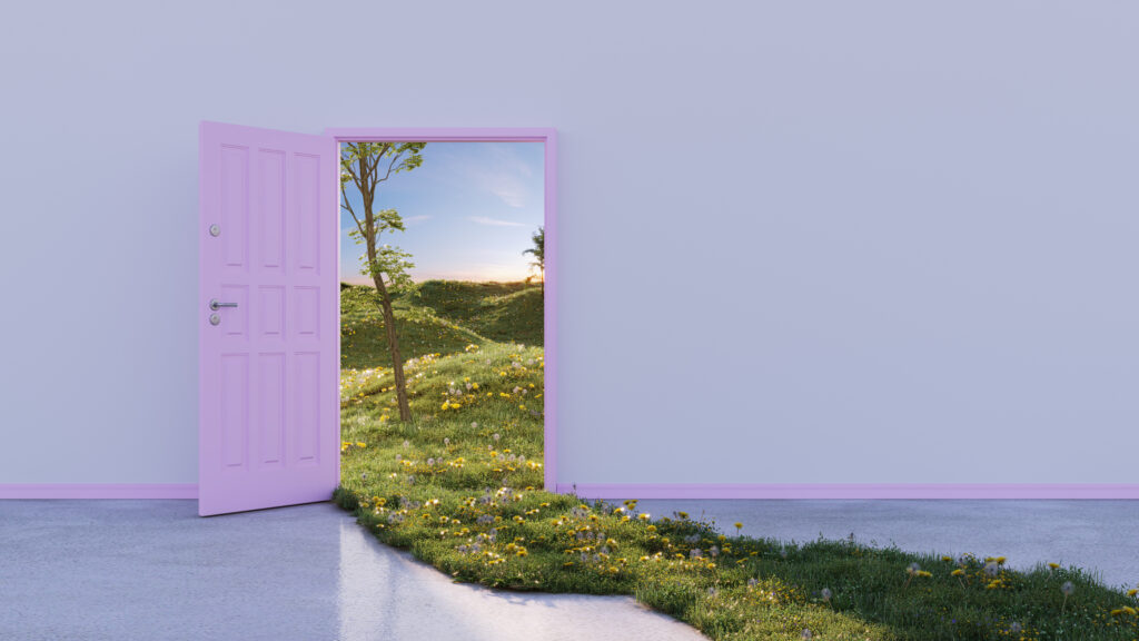 An abstract illustration of a door opening into nature.