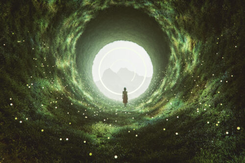 illustration of a Woman walking in fantasy landscape.