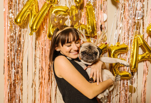 Owner and pug on new years eve