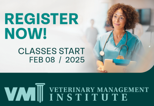 A promotional photo for VMI. There is a veterinarian with curly hair smiling on the right side. The text reads: Register now! Classes stat Feb 08/1015. VMI/Veterinary Management Institute.