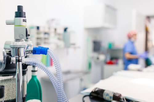 Anesthesia machine with rebreathing bag and tubing attached